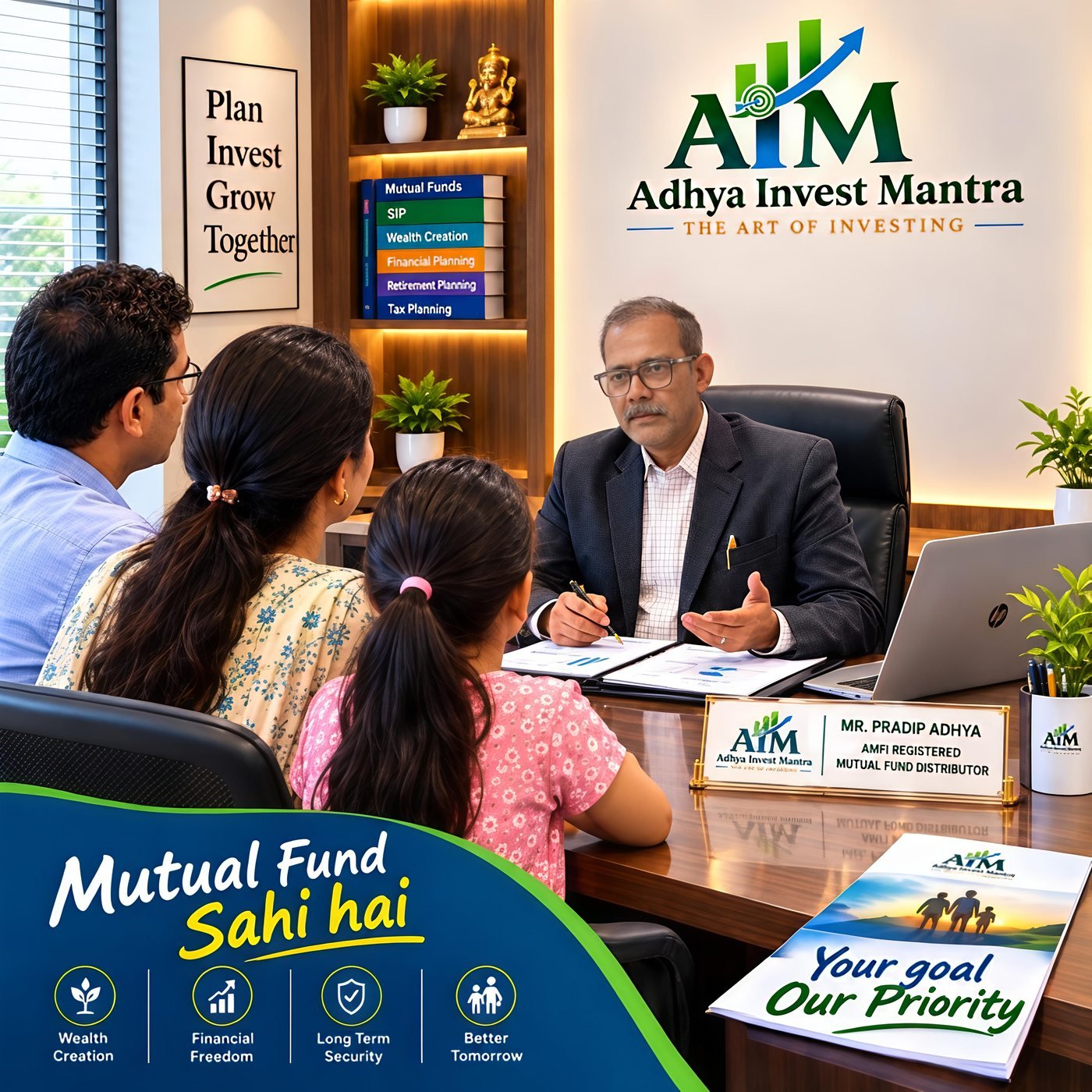 Pradip Adhya, AMFI Registered Mutual Fund Distributor, in conversation with a family at the Adhya Invest Mantra office